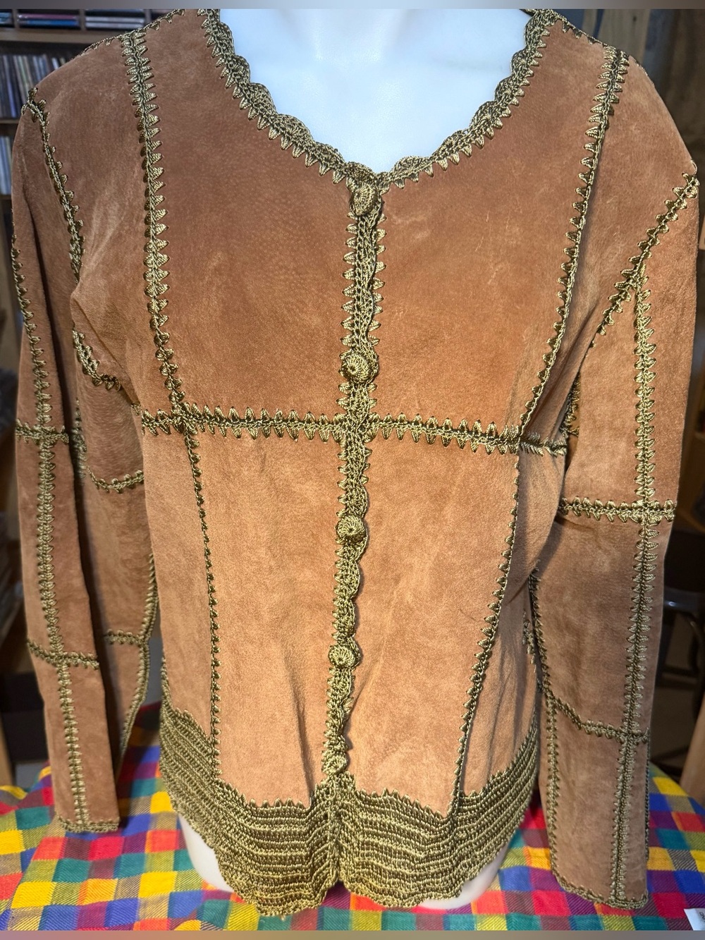 Vintage Suede Button-Front Jacket With Crochet Trim Areas